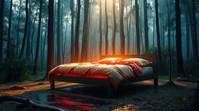 Glowing bed in a misty forest at night, surreal fantasy landscape with cinematic lighting