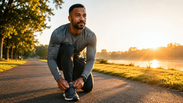 Athletic man tying running shoes on a park path at sunrise by a lake