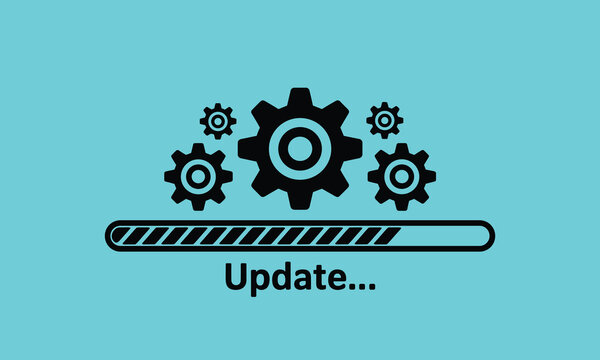 System Update Progress. A dynamic graphic illustration depicts a loading bar with segmented progress, accompanied by rotating gears, signifying an ongoing system update or technological process.