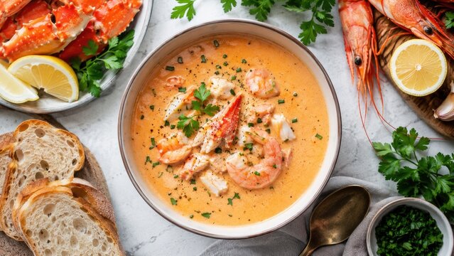 Creamy seafood bisque with shrimp and crab, garnished with parsley and chives, served with lemon wedges and sliced rustic bread