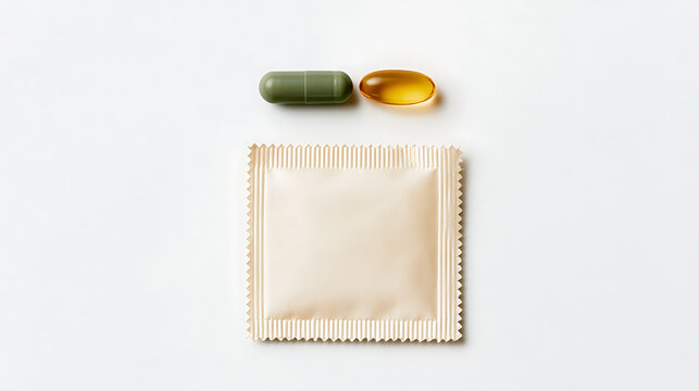 A single beige foil condom wrapper with a green capsule and yellow gel pill above on white background for health and wellness themes