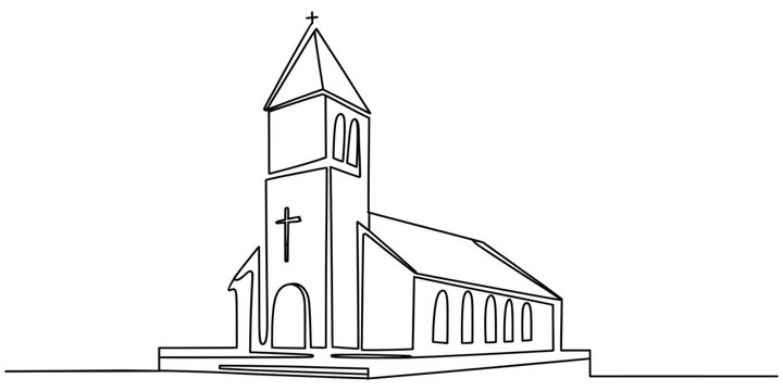 Simple line drawing of a christian church building with a tall steeple and a cross isolated on a white background Vector, illustration