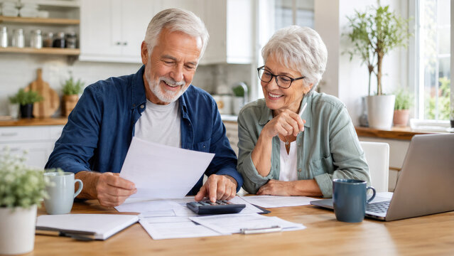 Smiling senior couple at kitchen table doing financial planning with calculator, laptop and paperwork