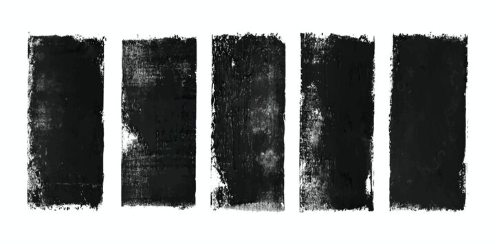 Five dark black ink textured rectangles arranged in a horizontal row with ink rectangle grunge block black shape distressed patch textured surface paint mark graphic element abstract