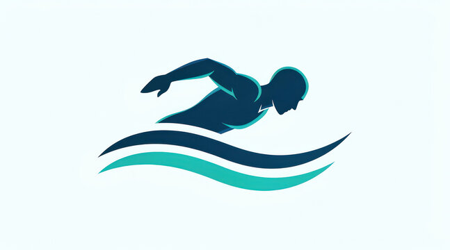 Professional swimmer silhouette performing freestyle stroke on waves