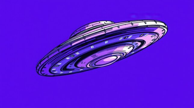 Hand drawn sketch of a flying saucer UFO in vibrant purple ultraviolet colors