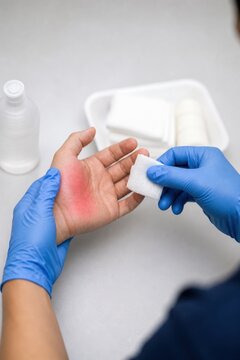 Medical professional treating a superficial hand burn with gauze