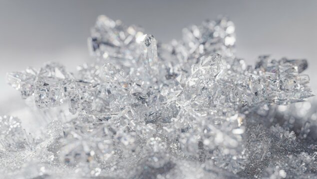 Close-up of intricate, sparkling snowflake crystals on a frosted white surface.