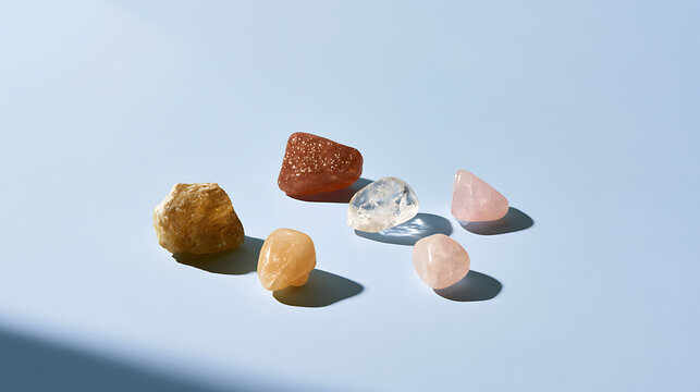 A collection of colorful healing crystals and polished gemstones arranged neatly on a clean light blue background for spiritual therapy use