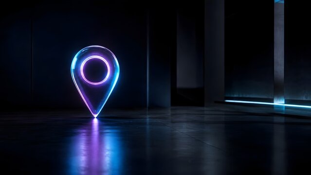 Glowing blue and purple neon map location pin floating on a reflective dark concrete floor in a futuristic architectural space.