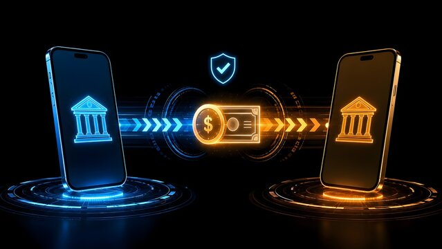 Secure online mobile banking money transfer concept with glowing smartphone screens bank icons and digital dollar bill.