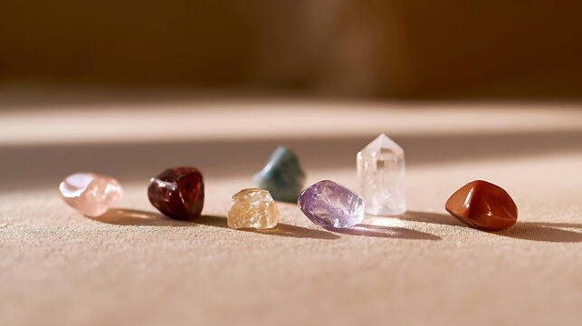 A neat row of polished healing crystals and gemstones arranged horizontally on a neutral surface with soft natural light and subtle shadows