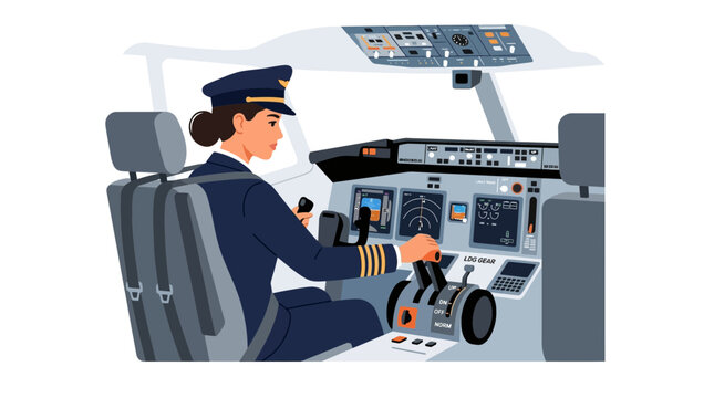 Female Airline Pilot in Cockpit Vector Illustration