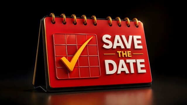 3D red desk calendar with a checkmark and save the date text for event planning and appointment scheduling.