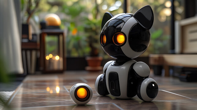 Cute futuristic cat robot with glowing orange eyes in the modern cozy interior
