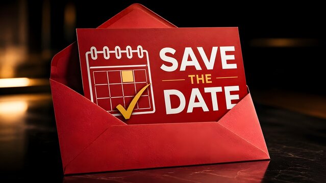 Red envelope with a save the date card calendar and gold checkmark for event planning and wedding invitations.
