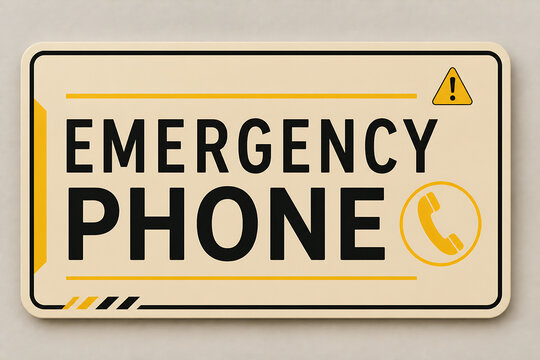 A rectangular yellow and beige emergency phone sign is displayed against a plain background.