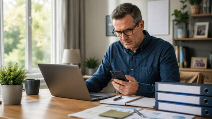 Obraz premium Middle-aged man working at a home office with laptop and smartphone, reviewing documents, notebooks, and binders near a window