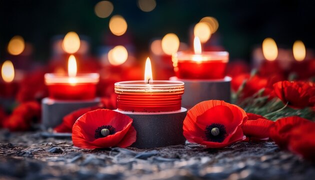 remembrance day tribute lit candles and red poppies for veterans day