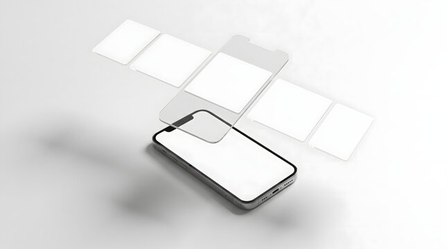 Smartphone mockup displays floating transparent interface screens above a minimal white background.