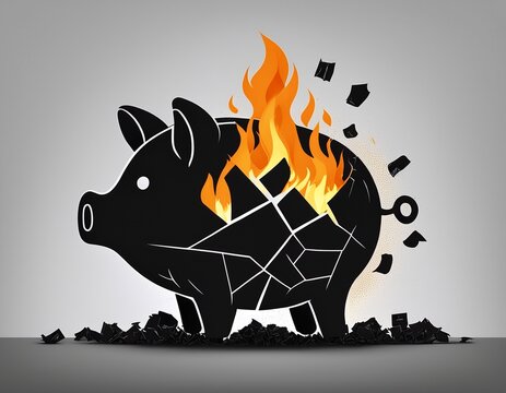 broken black piggy bank silhouette on fire against gray background financial crisis inflation and bankruptcy concept losing savings and economic disaster banner website header with copyspace
