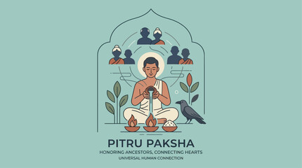 Fototapeta premium Pitru Paksha Hindu ritual illustration with man offering prayers to ancestors and spirits