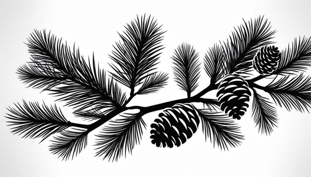 black silhouette of pine branches with pinecones on a white background