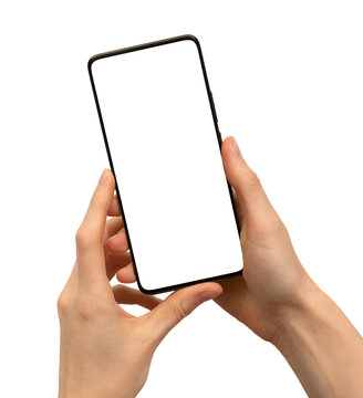 Two hands holding smartphone mockup isolated on white background. Mobile cell phone display template