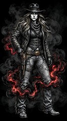 Fototapeta premium Tall mysterious cowboy in long coat standing in the dark