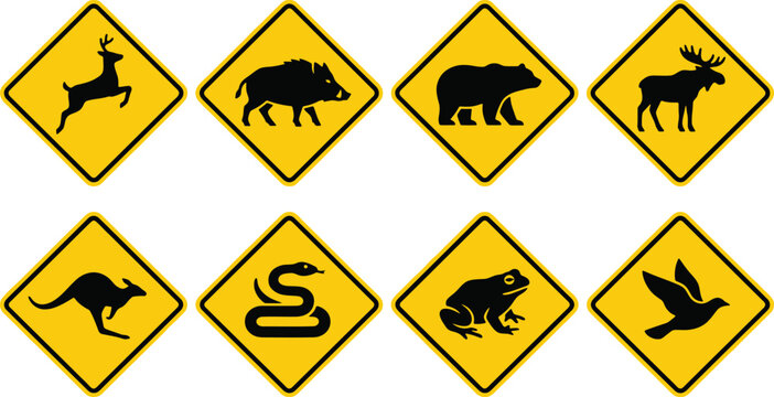Set of yellow diamond animal crossing road signs featuring black silhouettes of deer boar bear moose kangaroo snake frog and bird icons