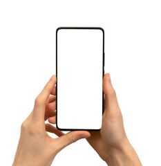 Obraz premium Mobile smartphone in hands mockup vertical isolated on white background. Cell phone blank display