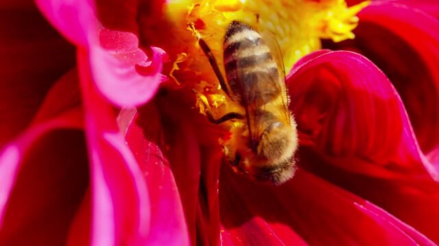 Honey bee Apis mellifera collecting nectar in the centre of a red dahlia flower with a yellow middle. Macro shot of the pollinating insect.