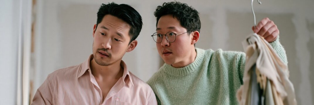 Two men comparing outfits and organizing a closet in a bright home interior for wardrobe styling banner and fashion background