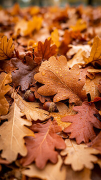 Autumn Oak Leaves with Raindrops and Acorns Close-up Background