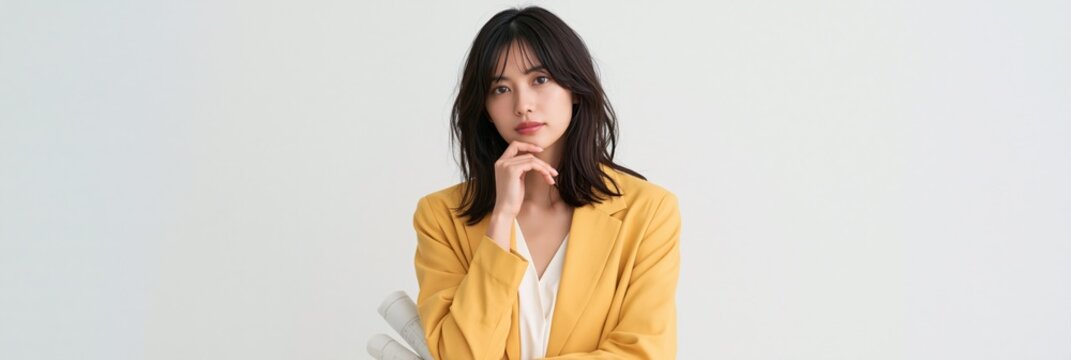 Thoughtful young woman in yellow blazer portrait on neutral background for professional portrait and fashion design and editorial use
