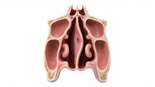 Deviated nasal septum with focal nasal cavity lesion in photorealistic medical 3D render showing preserved sinus anatomy for healthcare, ENT education, radiology, and patient education use