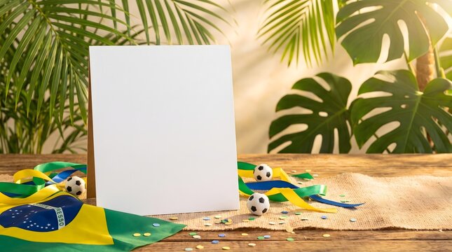 Blank white card mockup stands on a wooden table surrounded by the Brazilian flag, mini soccer balls, and tropical palm leaves.