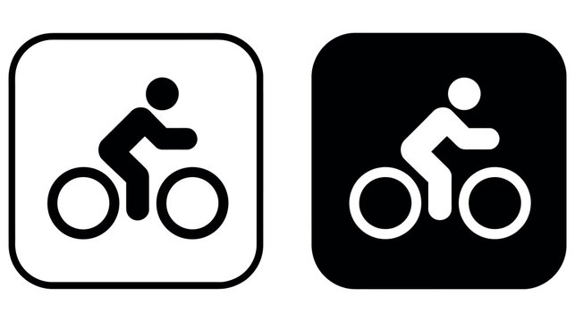 Set of two minimalist bicycle rider icons in black and white for cycling and transport signage.