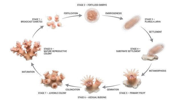 Coral reef life cycle diagram showing biological stages of reproduction. Features fertilization, planula larva, and mature colony. Isolated vector illustration on white background