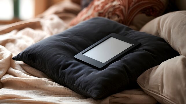 A black e reader device rests on a dark cushion atop soft beige bedding in a cozy indoor setting