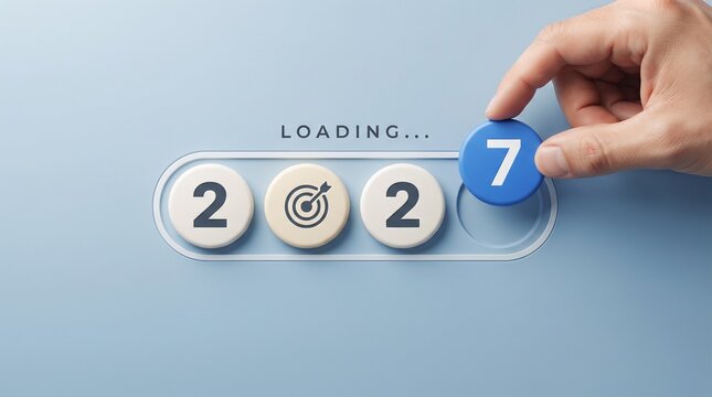 A hand placing a blue number seven into a 2027 loading bar with a target icon, representing business goal setting and future planning concepts.
