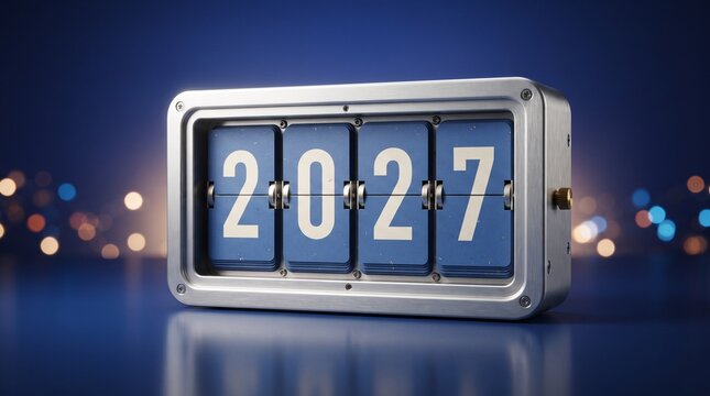 A metallic flip clock displaying the year 2027 in white numbers against blue panels, ideal for future planning and events.