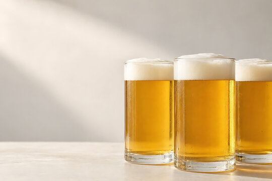 Three glasses of cold beer with thick foam arranged on a light table with minimalist geometric shadows