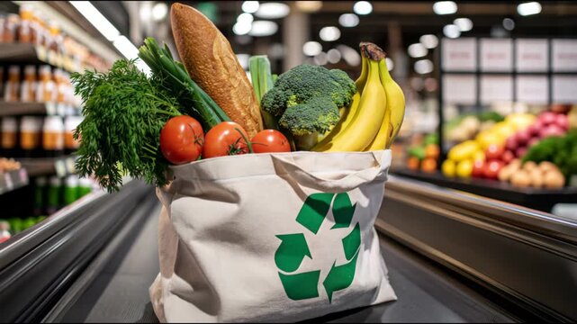 Eco-friendly shopping bag with fresh vegetables and bread moving on a checkout counter in a store
