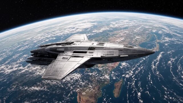 Futuristic spaceship orbiting Earth in deep space with clouds and oceans visible