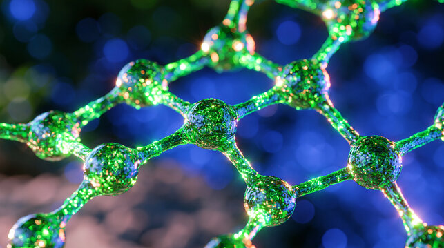 Emerald green and cyan abstract molecular hybrid network forming a sophisticated machine learning neural architecture, luminous nodes connected through glowing pathways, intricate three dimensional 