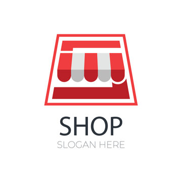 Modern shop logo with red awning, minimalist storefront vector icon, retail business branding symbol for e-commerce and local boutique