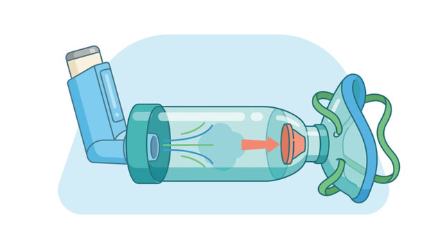 Asthma Inhaler with Spacer and Mask Isolated on Transparent Background