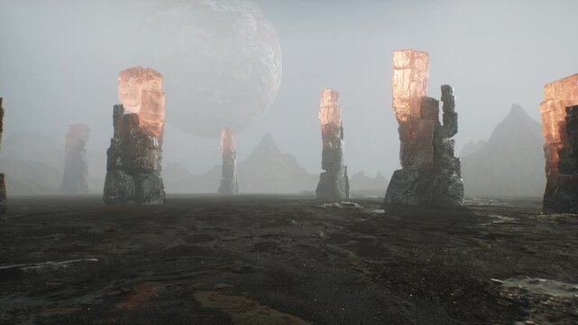 A surreal landscape featuring towering stone monoliths illuminated by a soft glow under a.