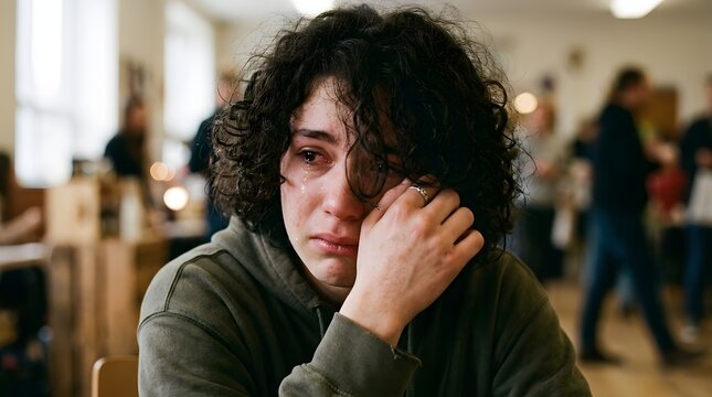 Young man with a visibly injured face sits in a crowded room looking distressed and overwhelmed
